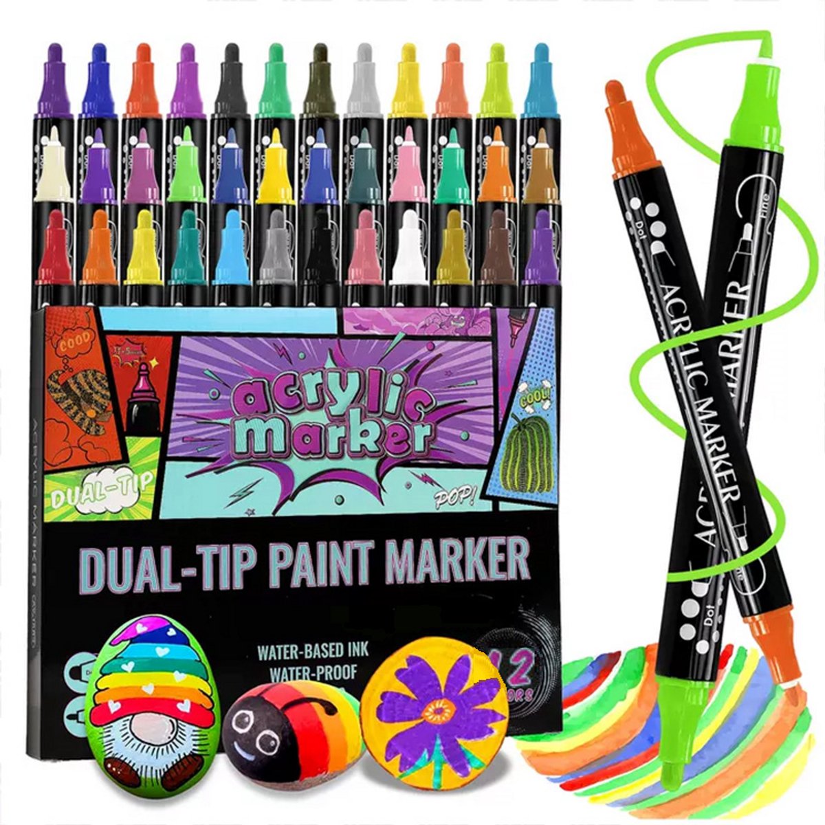 Yammii | Acrylstiften Set 12 Stuks Dual Tip Verfmarkers – Verfstiften voor Happy Stones, Canvas, Hout en Creatief Schilderen